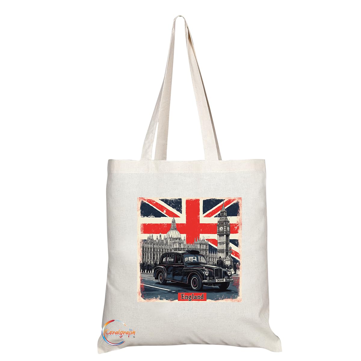 TB2032 - Natural Reusable Shopping Souvenir Tote Bag Featuring England - (Design 4)