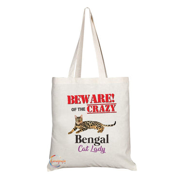 TB506 BEWARE! OF THE CRAZY Bengal Cat Lady Novelty Present Gift Printed Eco-Friendly Stylish Long Handled Tote Shoulder Bag