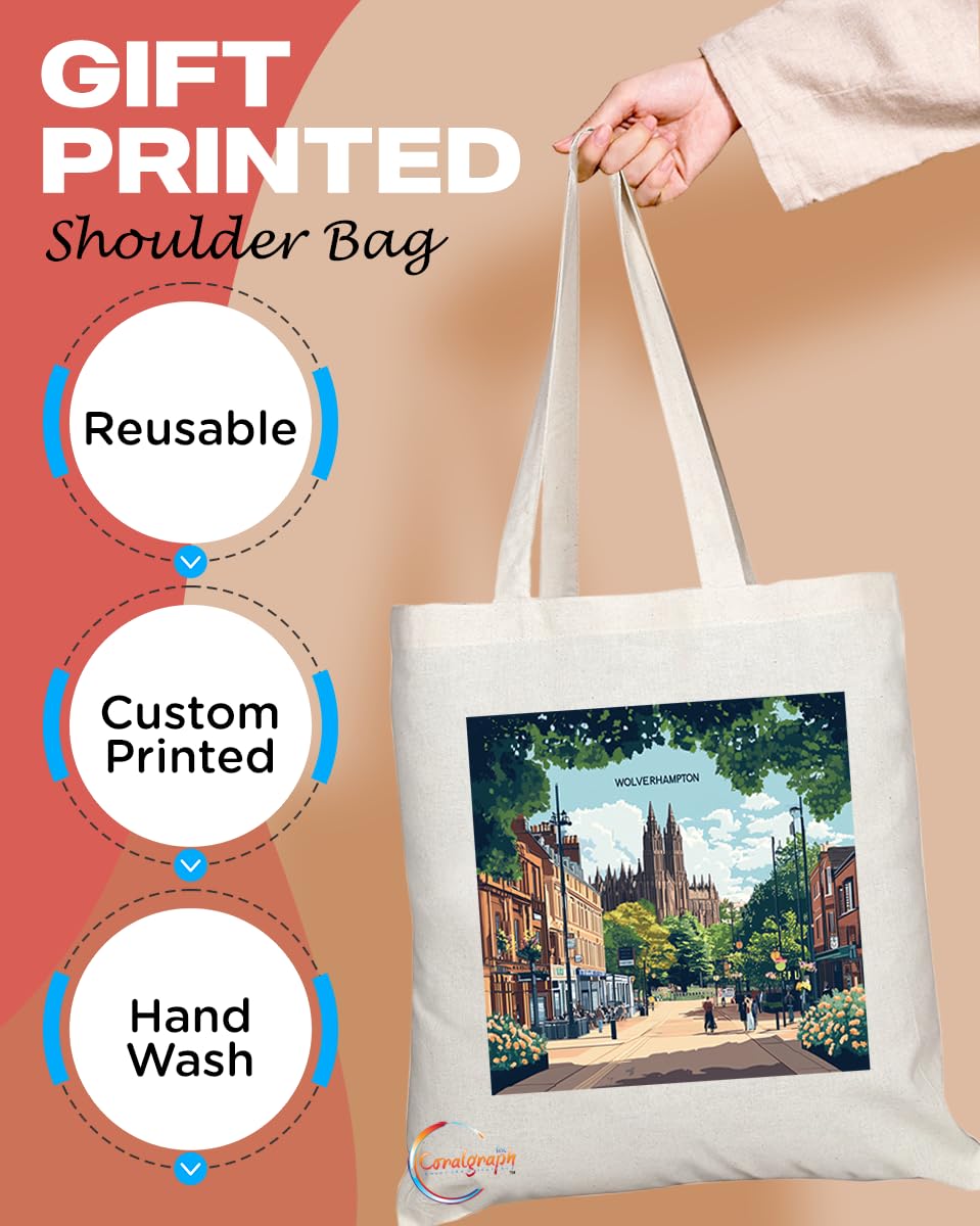 Natural Reusable Shopping Souvenir Tote Bag Featuring Cities and Landmarks in United Kingdom (Wolverhampton)