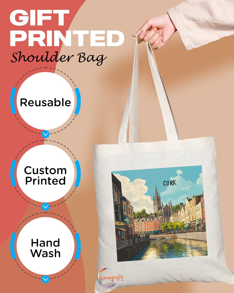Natural Reusable Shopping Souvenir Tote Bag Featuring Cities and Landmarks in United Kingdom (Cork)