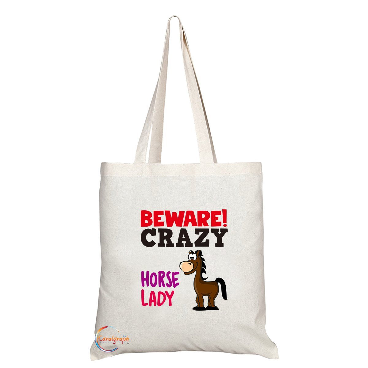 TB258 Beware Crazy Horse Lady (1 Horse) Novelty Present Gift Printed Eco-Friendly Stylish Long Handled Tote Shoulder Bag