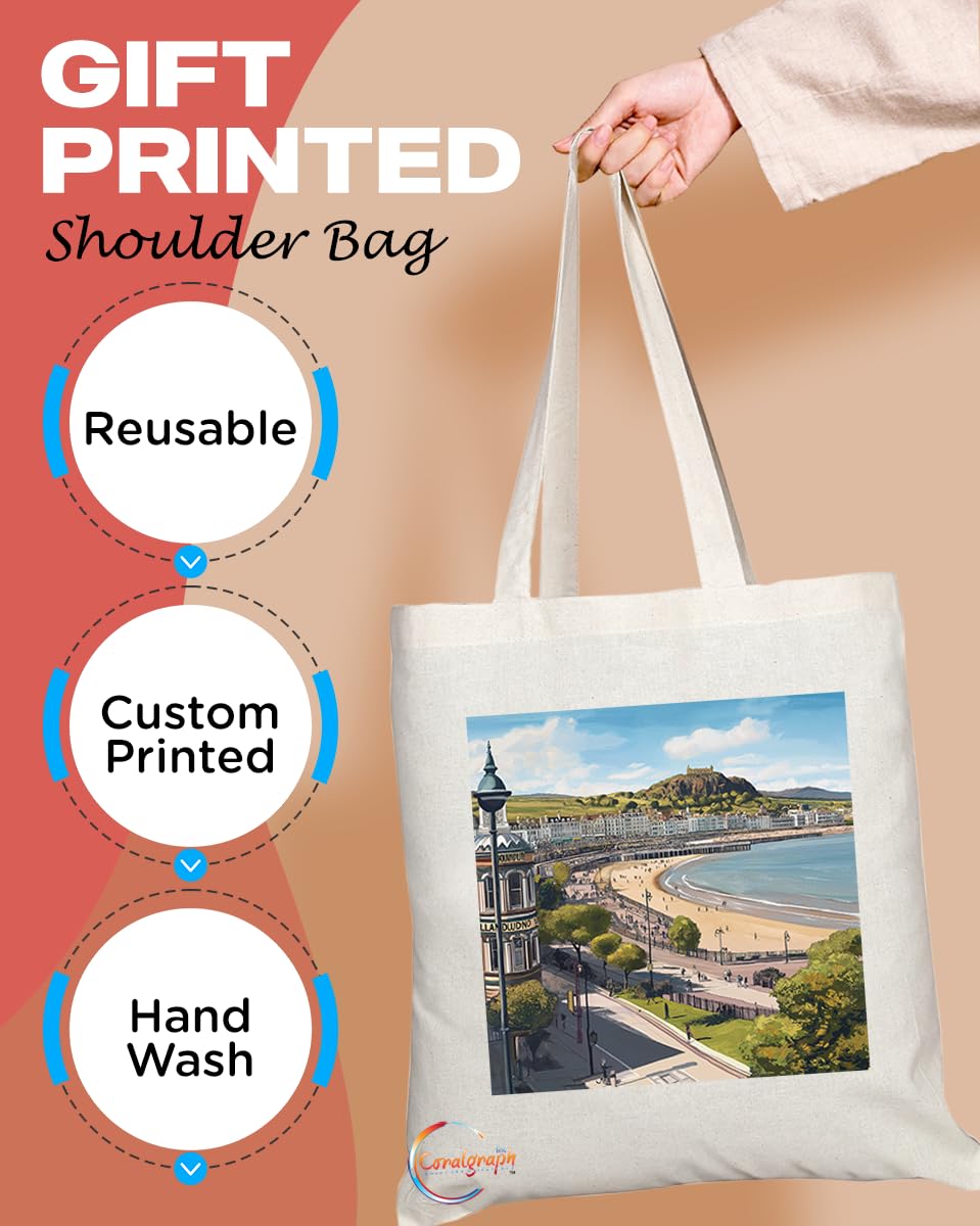 Natural Reusable Shopping Souvenir Tote Bag Featuring Cities and Landmarks in United Kingdom (Llandudno)