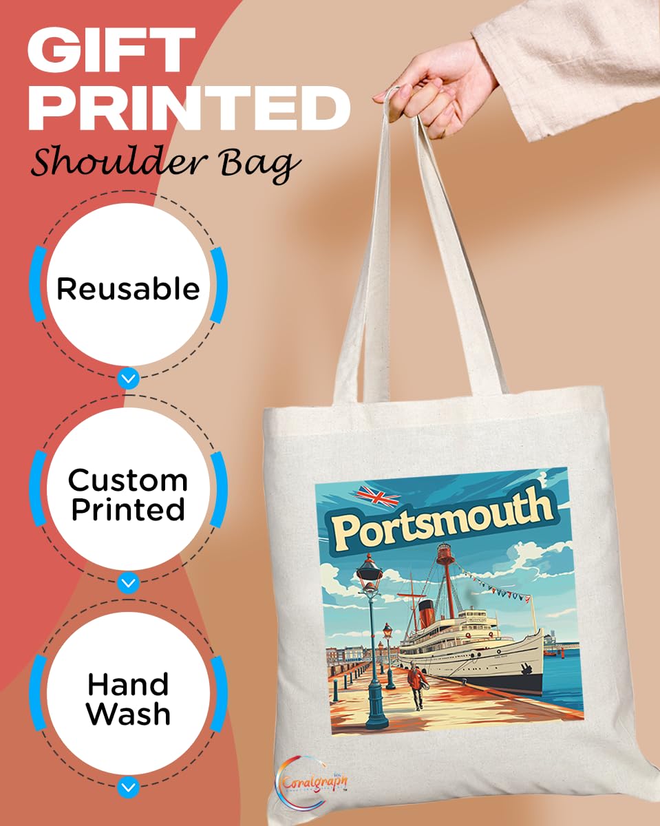 Natural Reusable Shopping Souvenir Tote Bag Featuring Cities and Landmarks in United Kingdom (Portsmouth2)