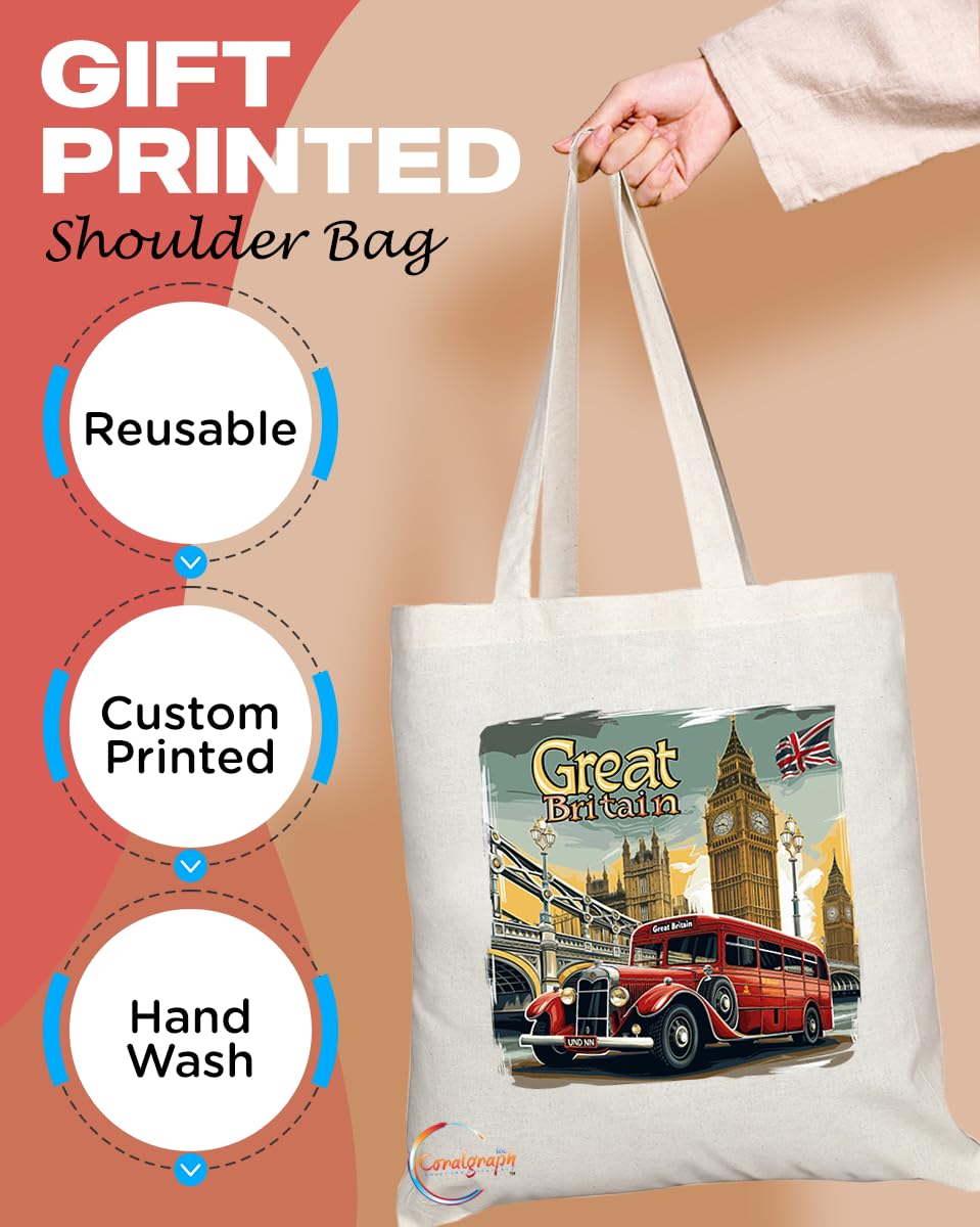 TB2042 - Natural Reusable Shopping Souvenir Tote Bag Featuring GreatBritan - (Design 5)