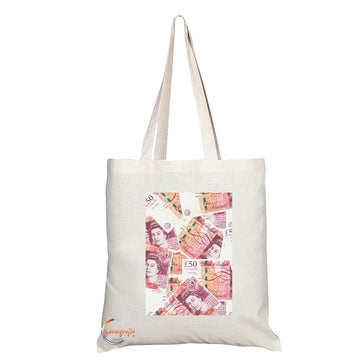 TB1400 Fifty Pounds Note Tea Novelty Present Gift Printed Eco-Friendly Stylish Long Handled Tote Shoulder Bag