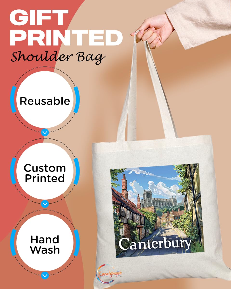 Natural Reusable Shopping Souvenir Tote Bag Featuring Cities and Landmarks in United Kingdom (Canterbury)