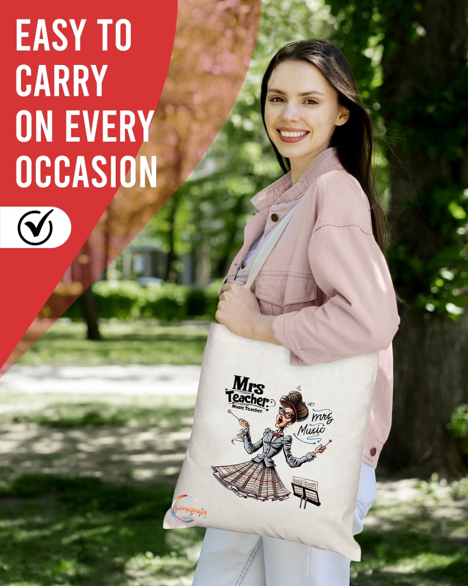 TB1872 Mrs Music Teacher Tote Bag - Gift for Female Music Teachers, Educators, Band Directors - Durable, Stylish, Eco-Friendly, Reusable, Spacious, and Lightweight