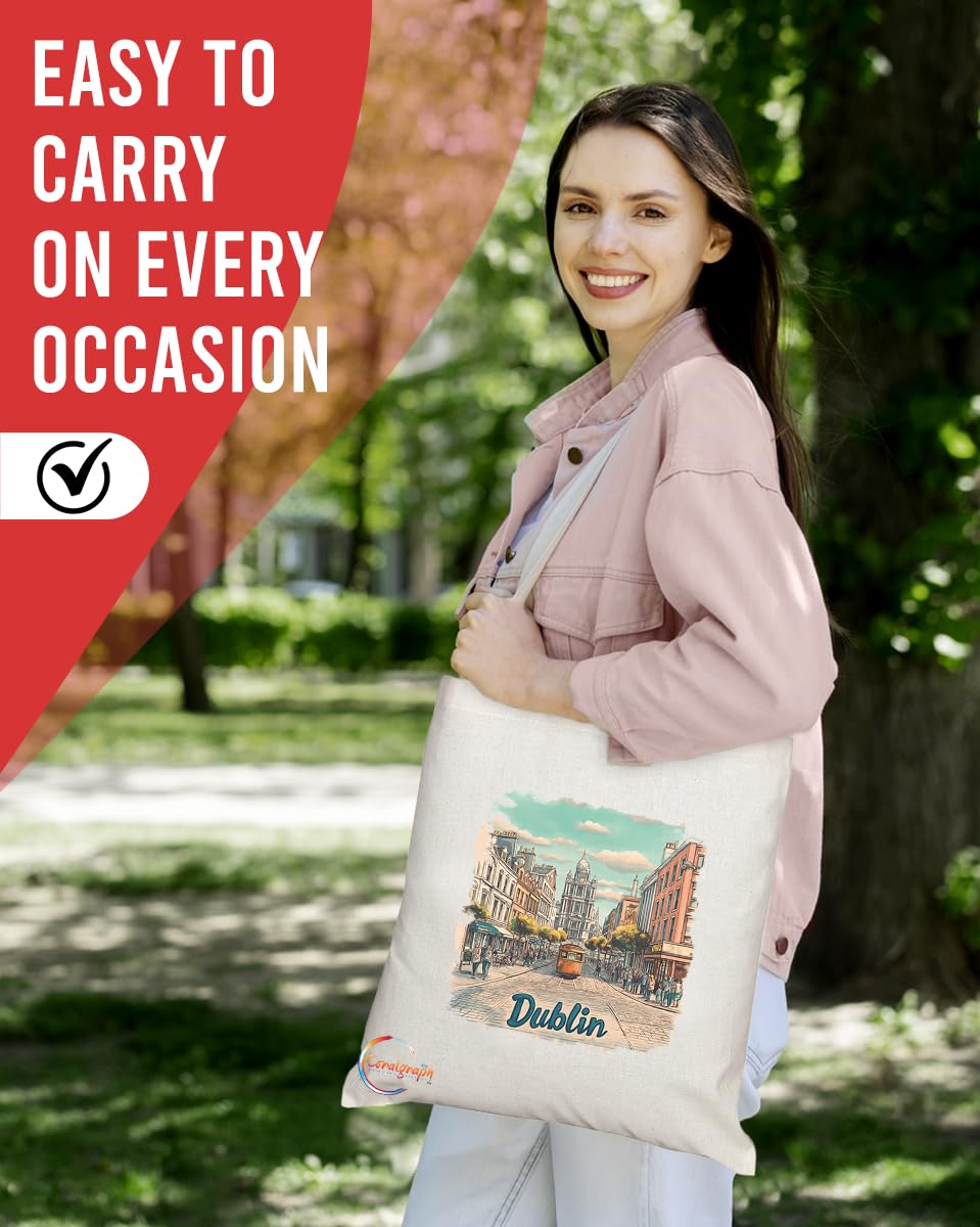 Natural Reusable Shopping Souvenir Tote Bag Featuring Popular Cities and Capitals from Europe and Around the World (Dublin)