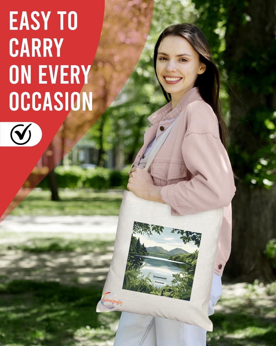 Natural Reusable Shopping Souvenir Tote Bag Featuring Cities and Landmarks in United Kingdom (Derwentwater)