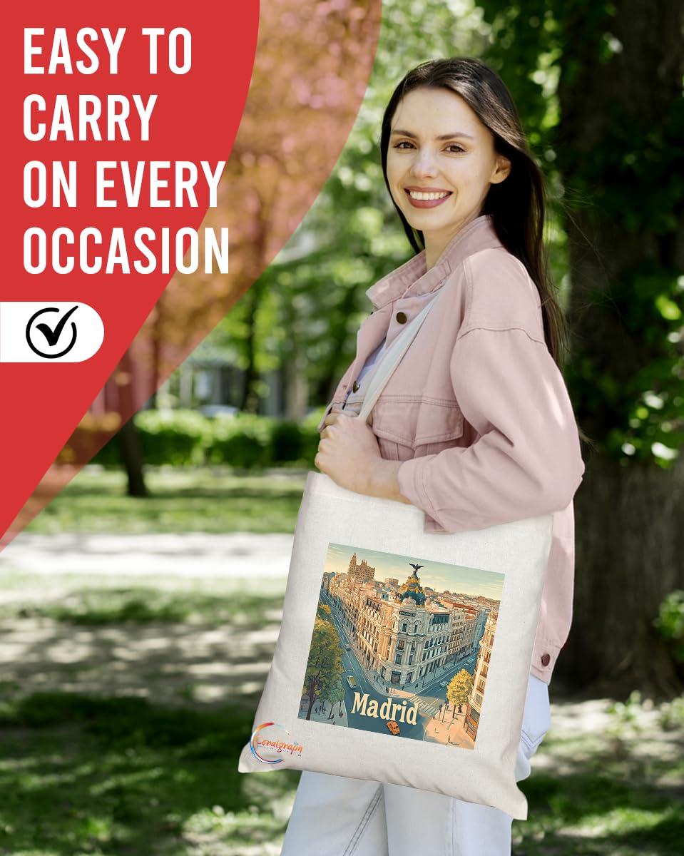 Natural Reusable Shopping Souvenir Tote Bag Featuring Popular Cities and Capitals from Europe and Around the World (Madrid)