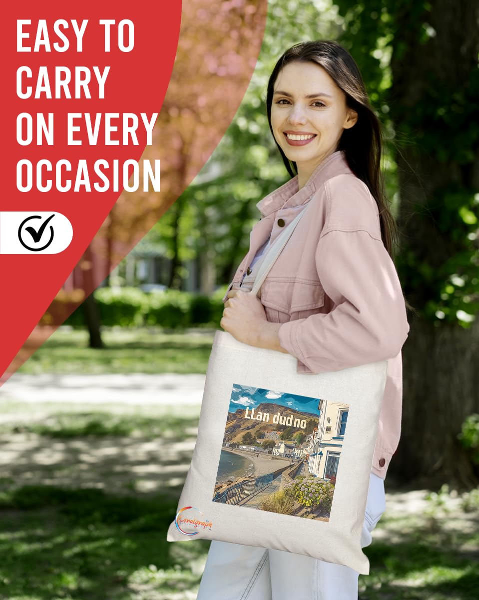 Natural Reusable Shopping Souvenir Tote Bag Featuring Cities and Landmarks in United Kingdom (Llandudno2)