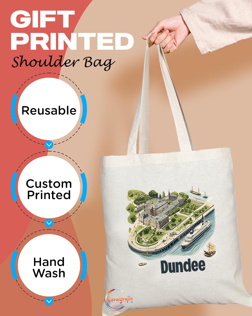 Natural Reusable Shopping Souvenir Tote Bag Featuring Cities and Landmarks in United Kingdom (Dundee)