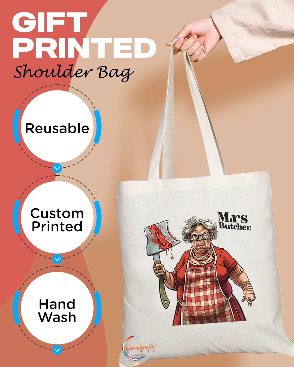 TB1795 Mrs Butcher Tote Bag - Great for Female Butchers, Meat Enthusiasts, Culinary Professionals - Sustainable, Stylish, Long Handled, Durable and Reusable