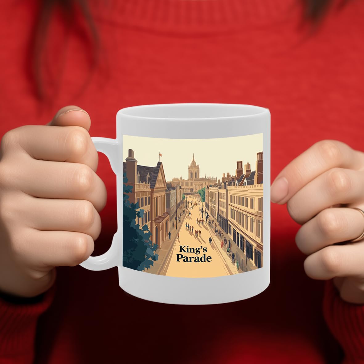 Printed Coffee Ceramic  Featuring Cities And Landmarks In United Kingdom (Cambridge Kings Parade) - Funny Printed Coffee Mug - Great Gift Idea