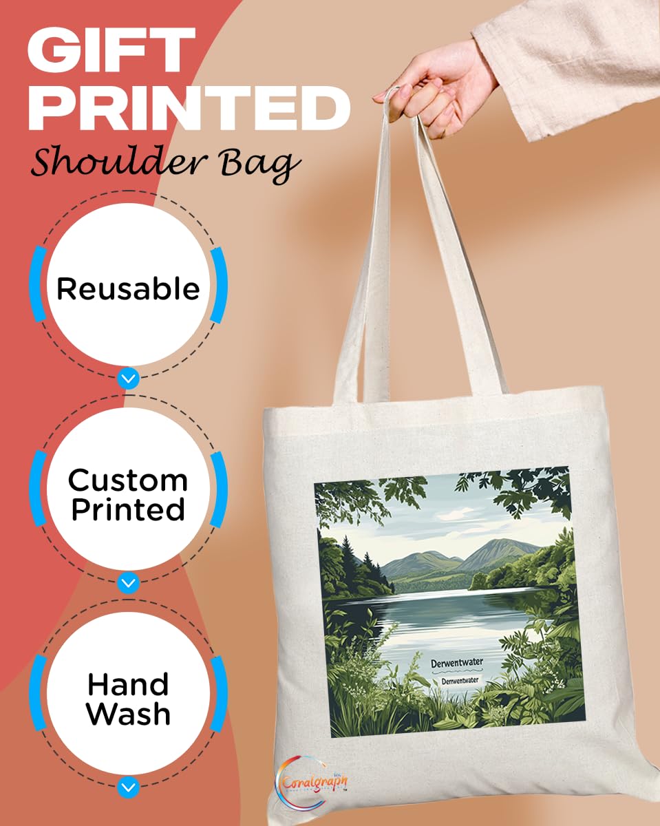 Natural Reusable Shopping Souvenir Tote Bag Featuring Cities and Landmarks in United Kingdom (Derwentwater)