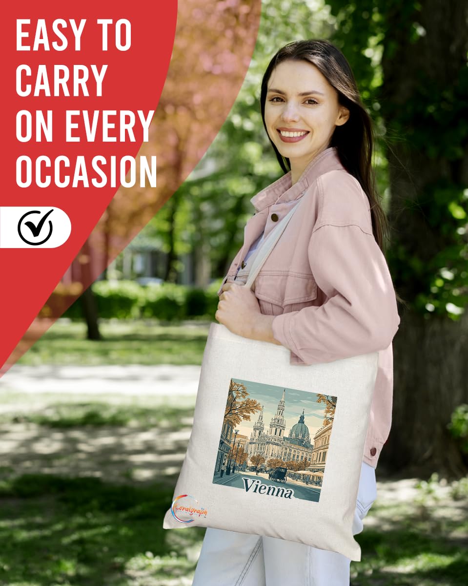 Natural Reusable Shopping Souvenir Tote Bag Featuring Popular Cities and Capitals from Europe and Around the World (Vienna)