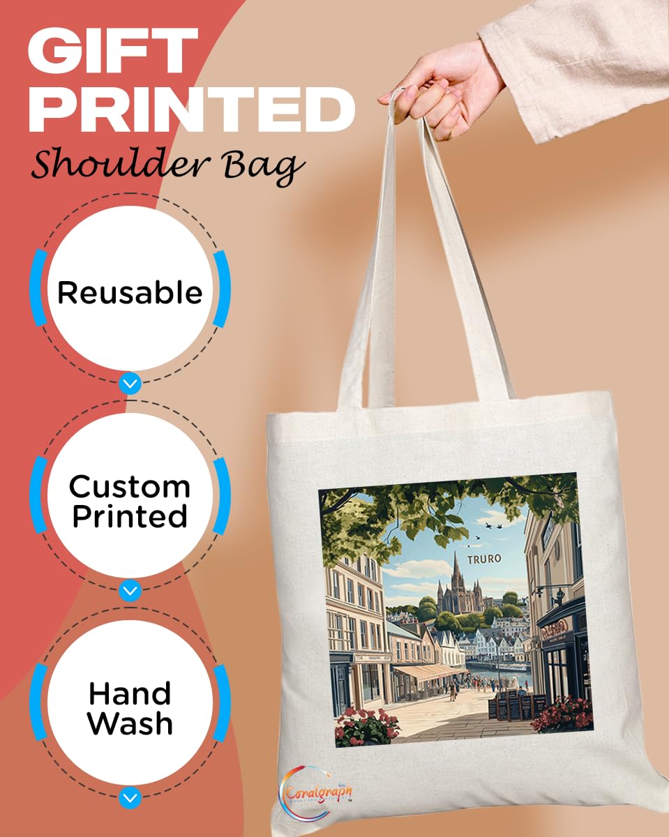 Natural Reusable Shopping Souvenir Tote Bag Featuring Cities and Landmarks in United Kingdom (Truro)