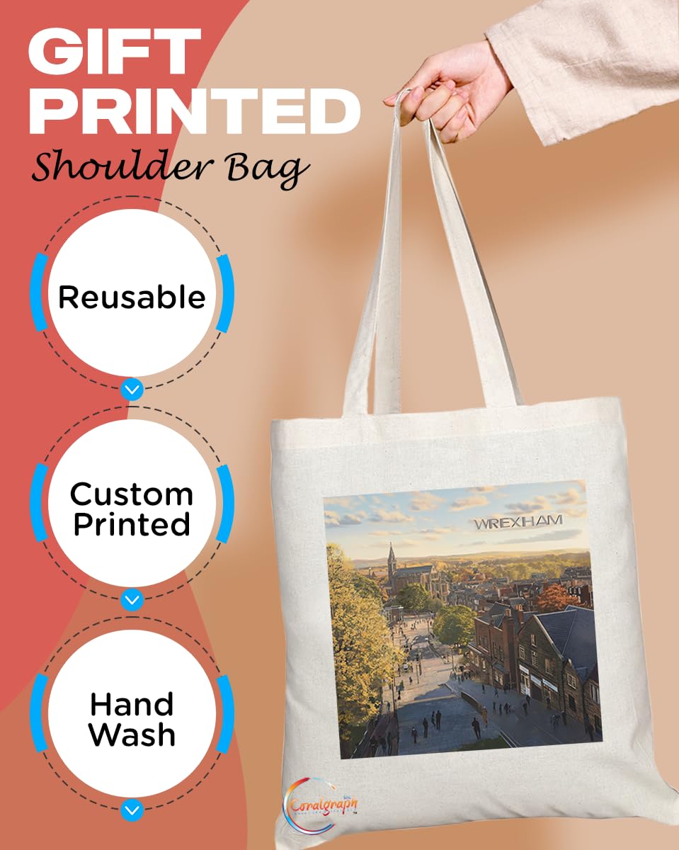 Natural Reusable Shopping Souvenir Tote Bag Featuring Cities and Landmarks in United Kingdom (Wrexham)