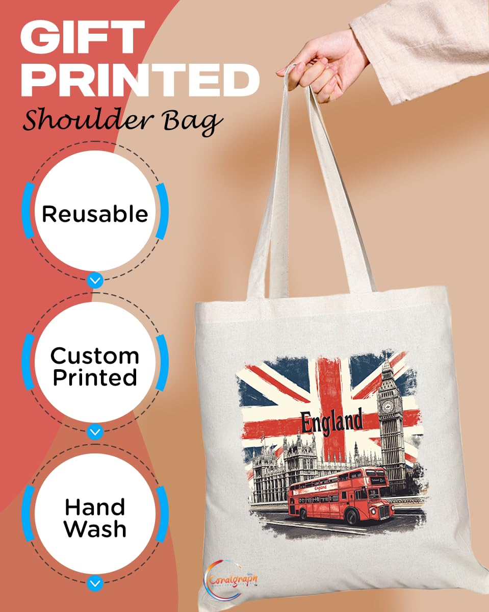 TB2043 - Natural Reusable Shopping Souvenir Tote Bag Featuring England - (Design 6)