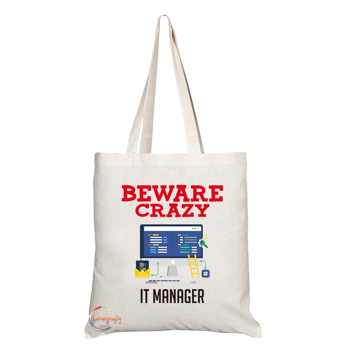 TB423 Beware Crazy It Manager Novelty Present Gift Printed Eco-Friendly Stylish Long Handled Tote Shoulder Bag