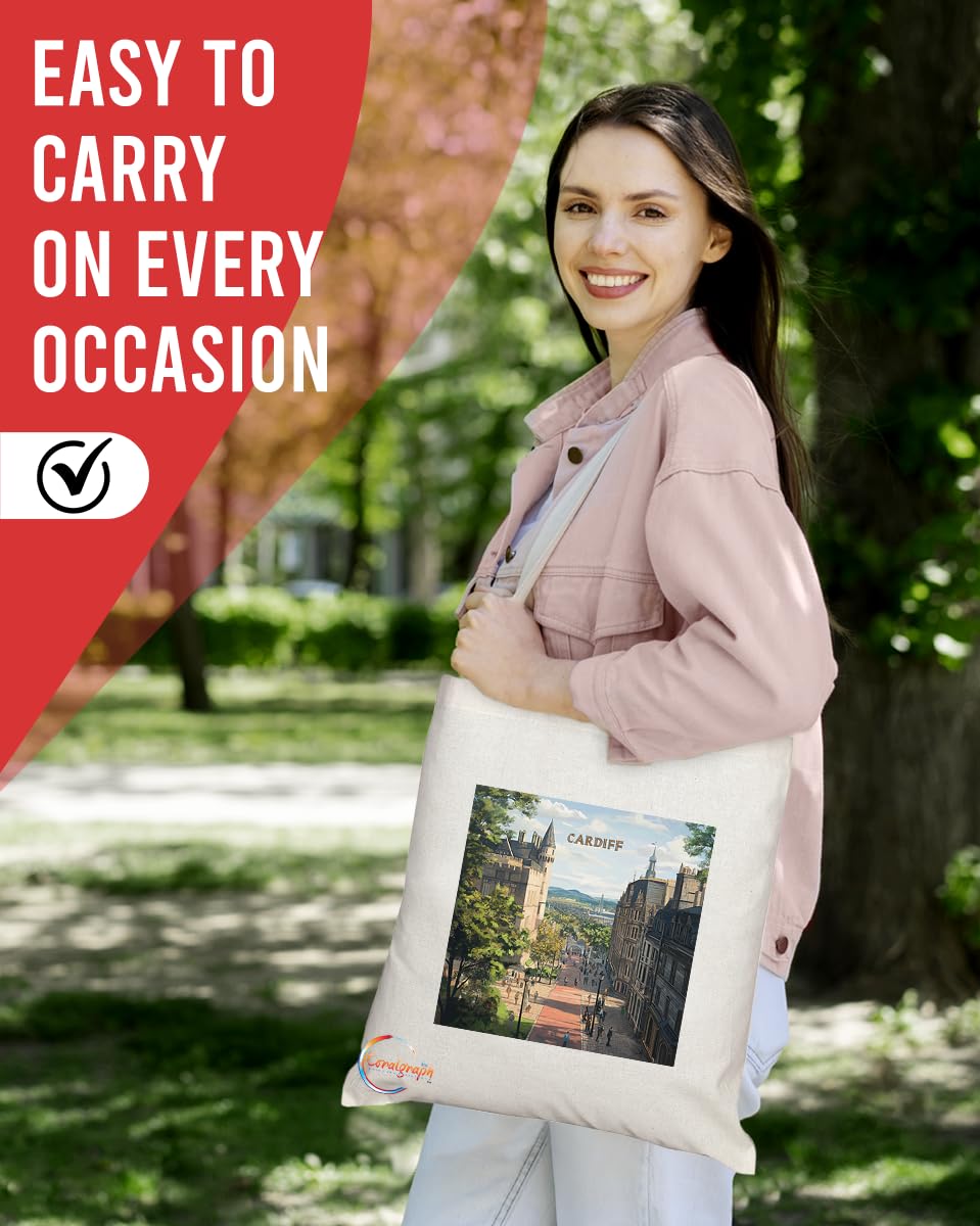 Natural Reusable Shopping Souvenir Tote Bag Featuring Cities and Landmarks in United Kingdom (Cardiff)