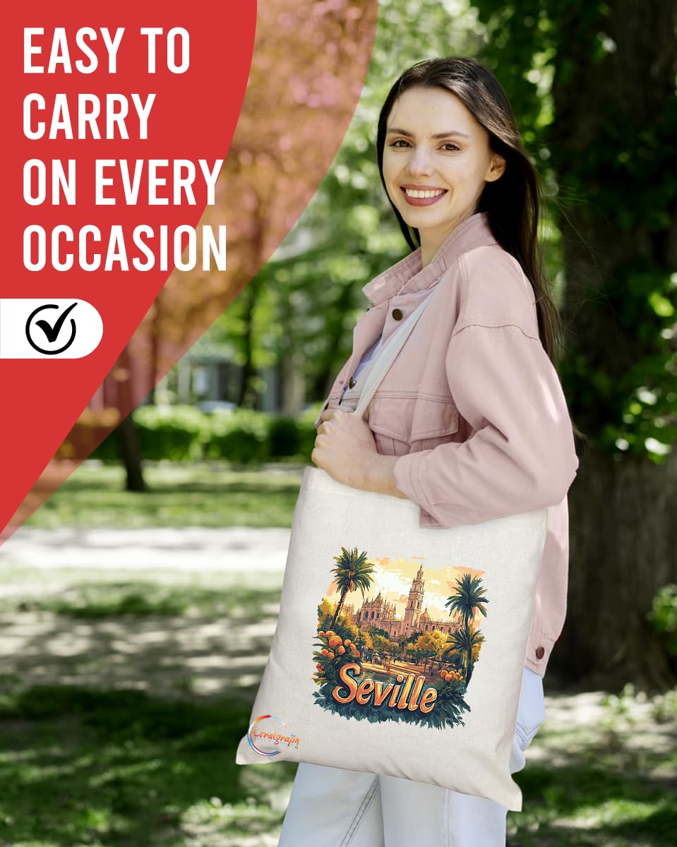 Natural Reusable Shopping Souvenir Tote Bag Featuring Popular Cities and Capitals from Europe and Around the World (Seville)