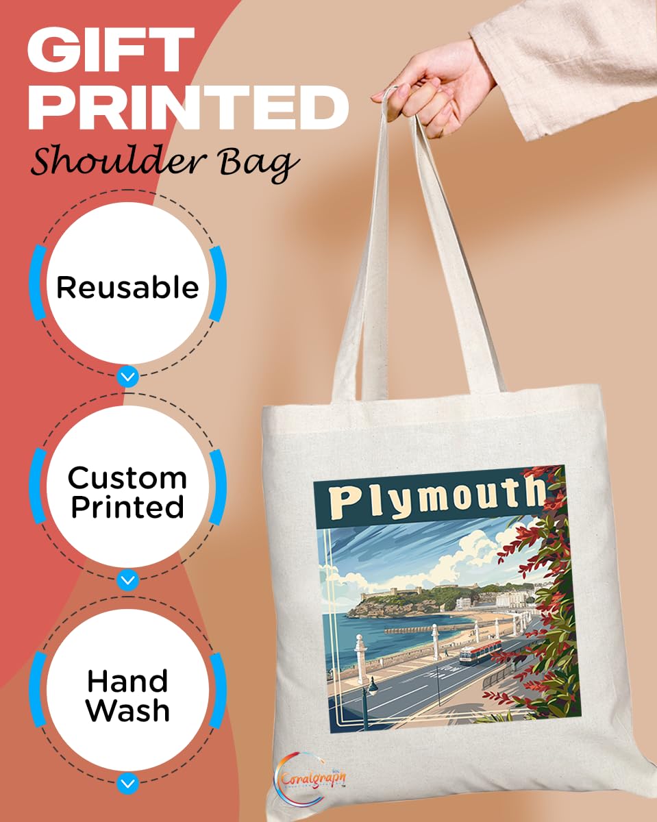 Natural Reusable Shopping Souvenir Tote Bag Featuring Cities and Landmarks in United Kingdom (Plymouth3)