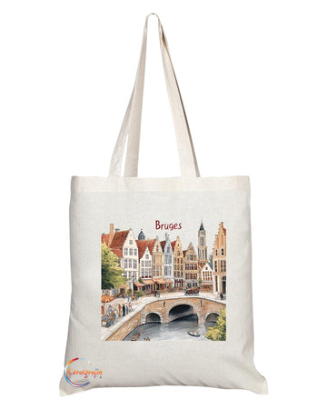 Natural Reusable Shopping Souvenir Tote Bag Featuring Popular Cities and Capitals from Europe and Around the World (Bruges)