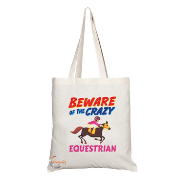 TB1046 Beware of the Crazy Equestrian Novelty Present Gift Printed Eco-Friendly Stylish Long Handled Tote Shoulder Bag