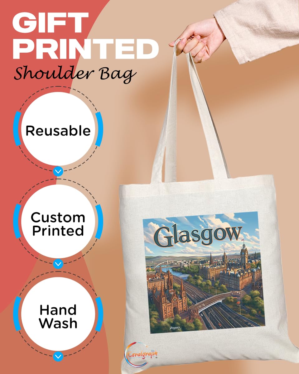 Natural Reusable Shopping Souvenir Tote Bag Featuring Cities and Landmarks in United Kingdom (Glasgow Cathedral)
