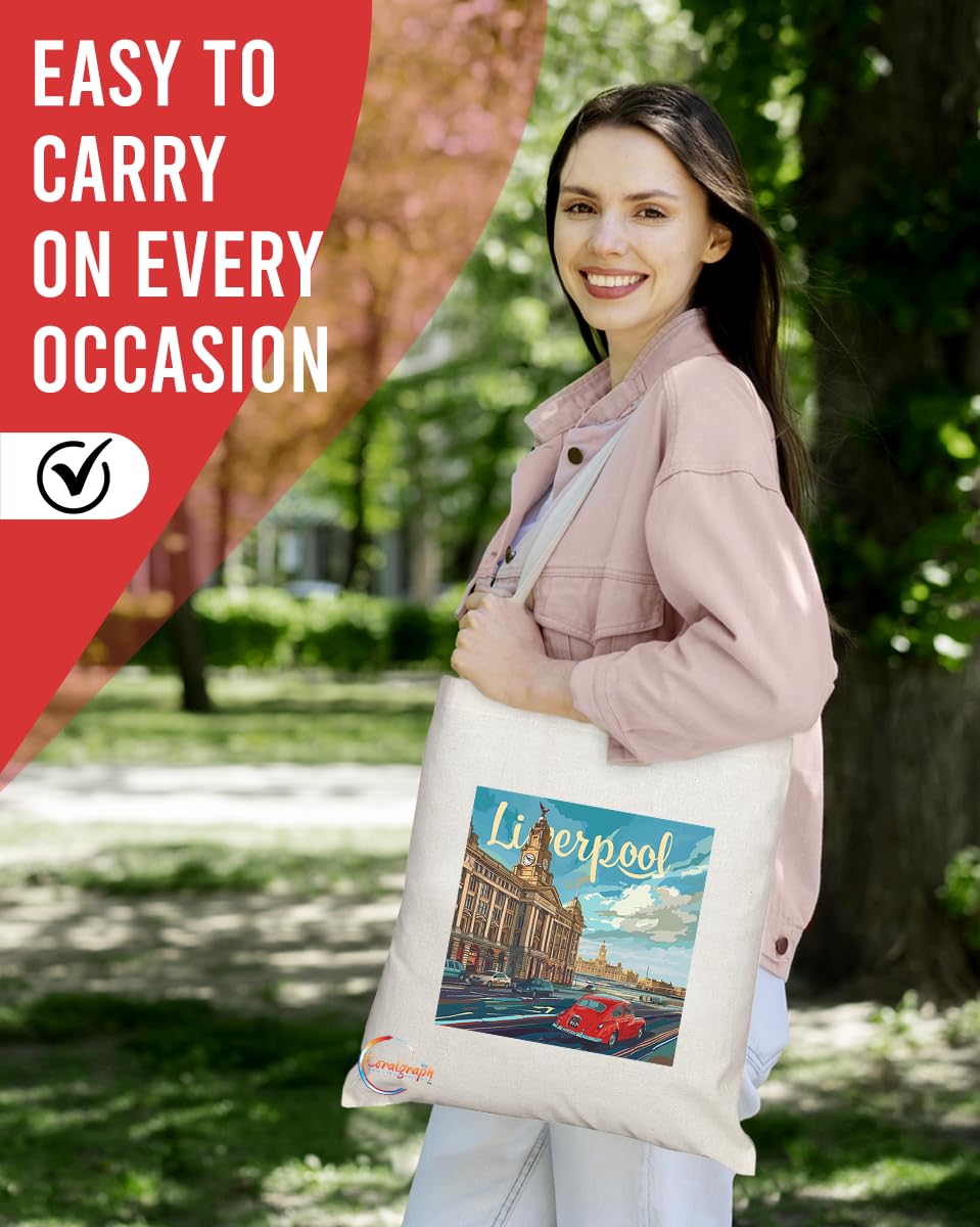 Natural Reusable Shopping Souvenir Tote Bag Featuring Cities and Landmarks in United Kingdom (Liverpool 2)