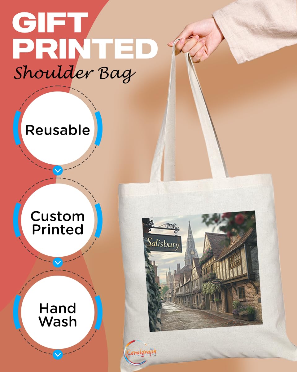 Natural Reusable Shopping Souvenir Tote Bag Featuring Cities and Landmarks in United Kingdom (Salisbury)