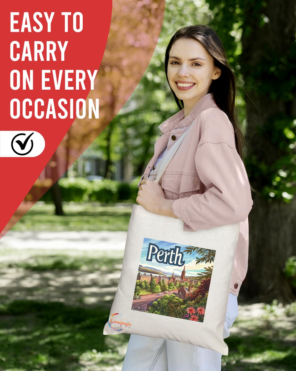 Natural Reusable Shopping Souvenir Tote Bag Featuring Cities and Landmarks in United Kingdom (Perth)