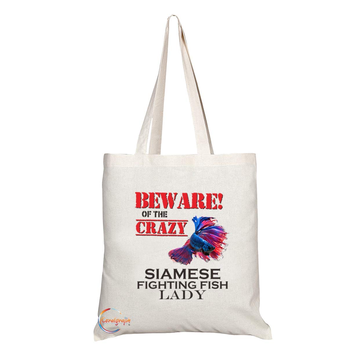 TB649 BEWARE!OF THE CRAZY SIAMESE FIGHTING FISH LADY Novelty Present Gift Printed Eco-Friendly Stylish Long Handled Tote Shoulder Bag