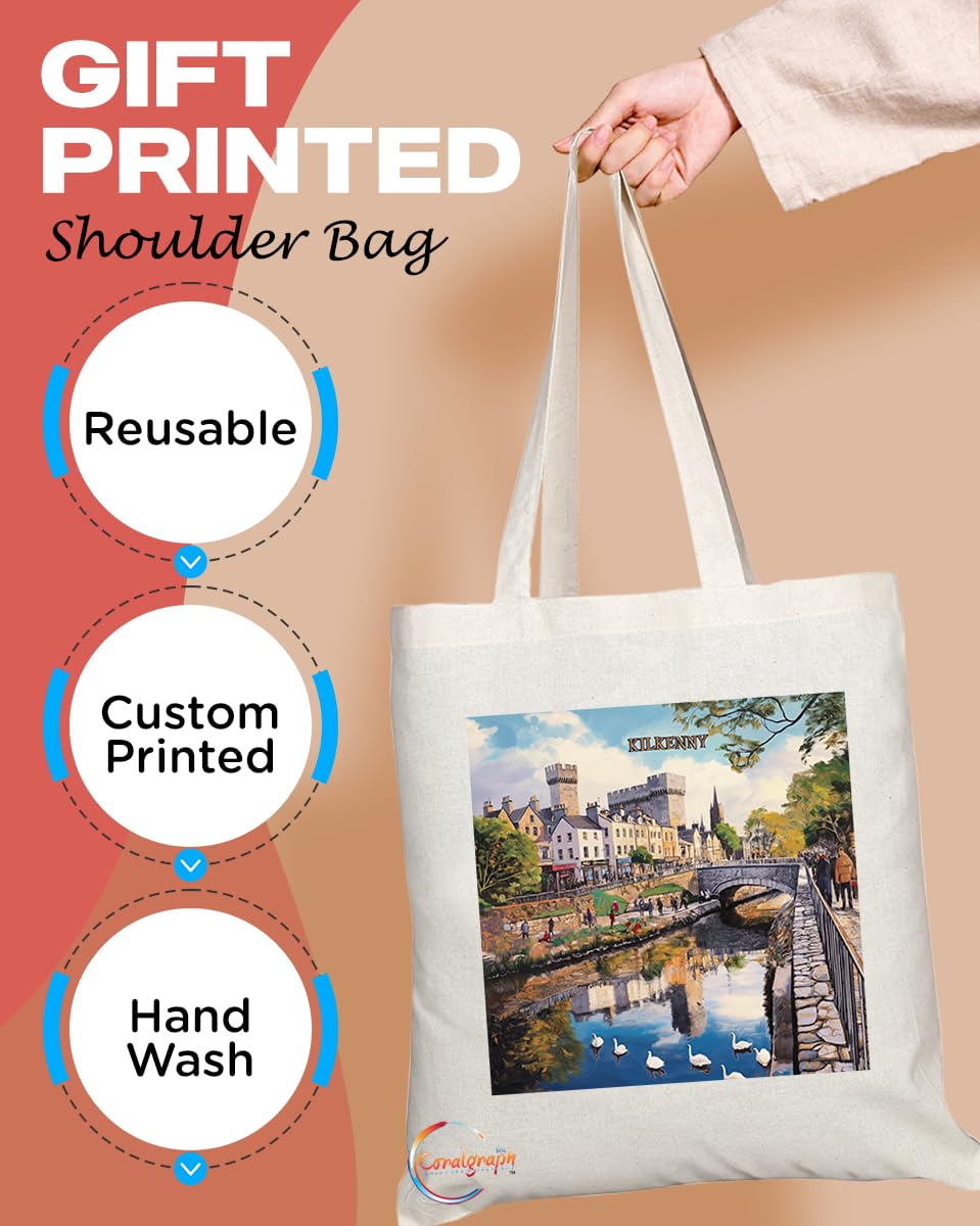 Natural Reusable Shopping Souvenir Tote Bag Featuring Cities and Landmarks in United Kingdom (Kilkenny)