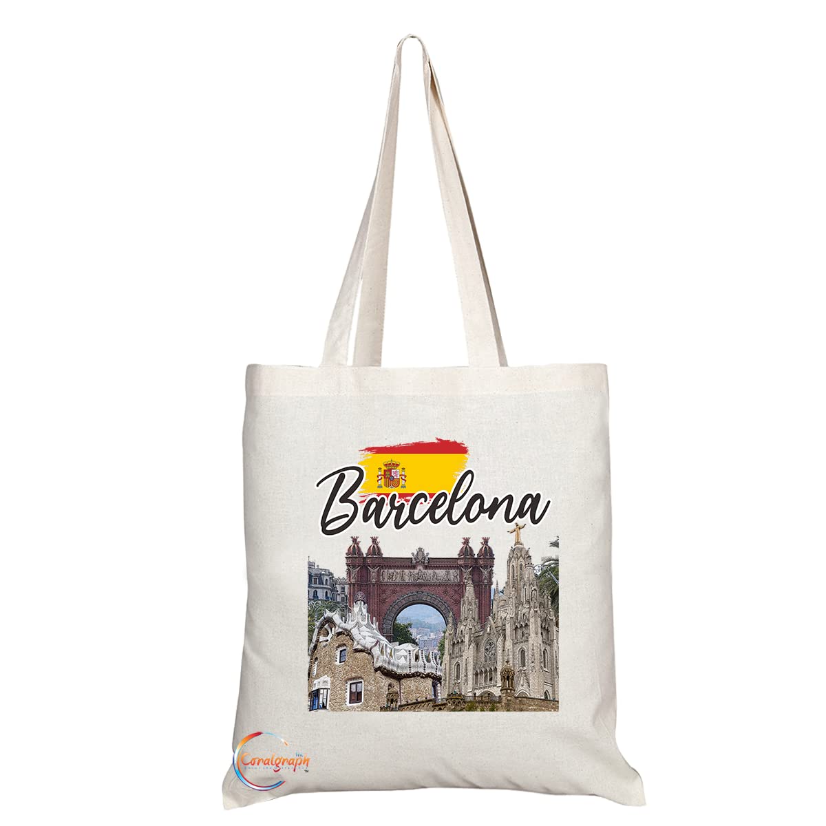 Natural Reusable Shopping Souvenir Tote Bag Featuring Popular Cities and Capitals from Europe and Around the World (Barcelona TB1535)