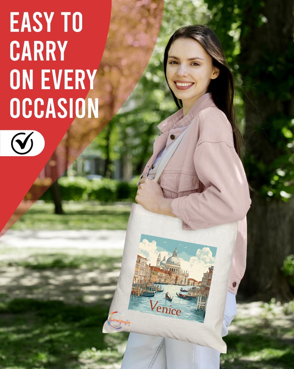Natural Reusable Shopping Souvenir Tote Bag Featuring Popular Cities and Capitals from Europe and Around the World (Venice)