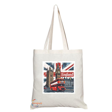 TB2052 - Natural Reusable Shopping Souvenir Tote Bag Featuring England - (Design 9)