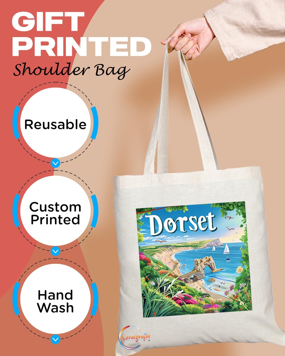 Natural Reusable Shopping Souvenir Tote Bag Featuring Cities and Landmarks in United Kingdom (Dorset)