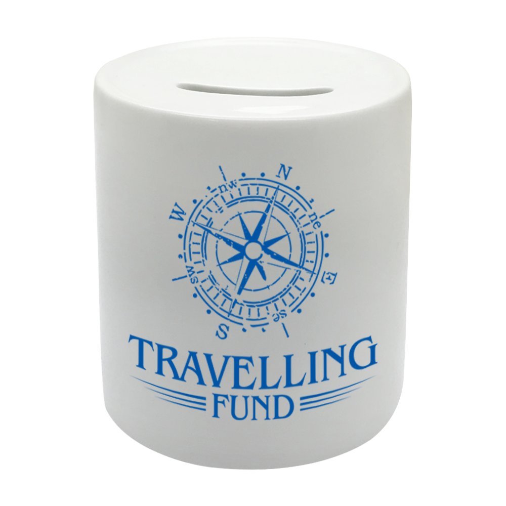 BS039 TRAVELLING FUND Novelty Gift Printed Ceramic Piggy Bank Money Saving Box