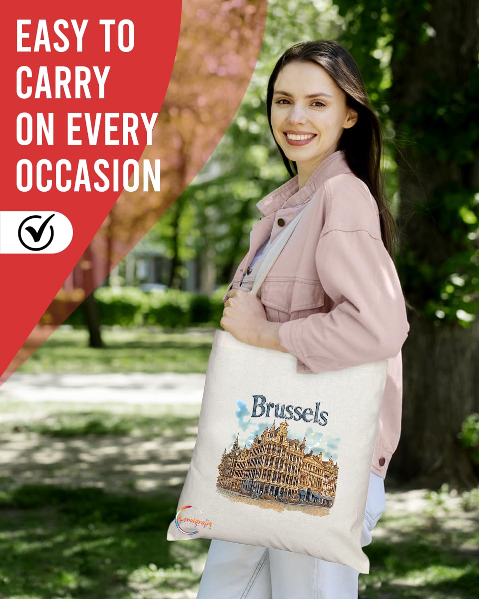 Natural Reusable Shopping Souvenir Tote Bag Featuring Popular Cities and Capitals from Europe and Around the World (Brussels)