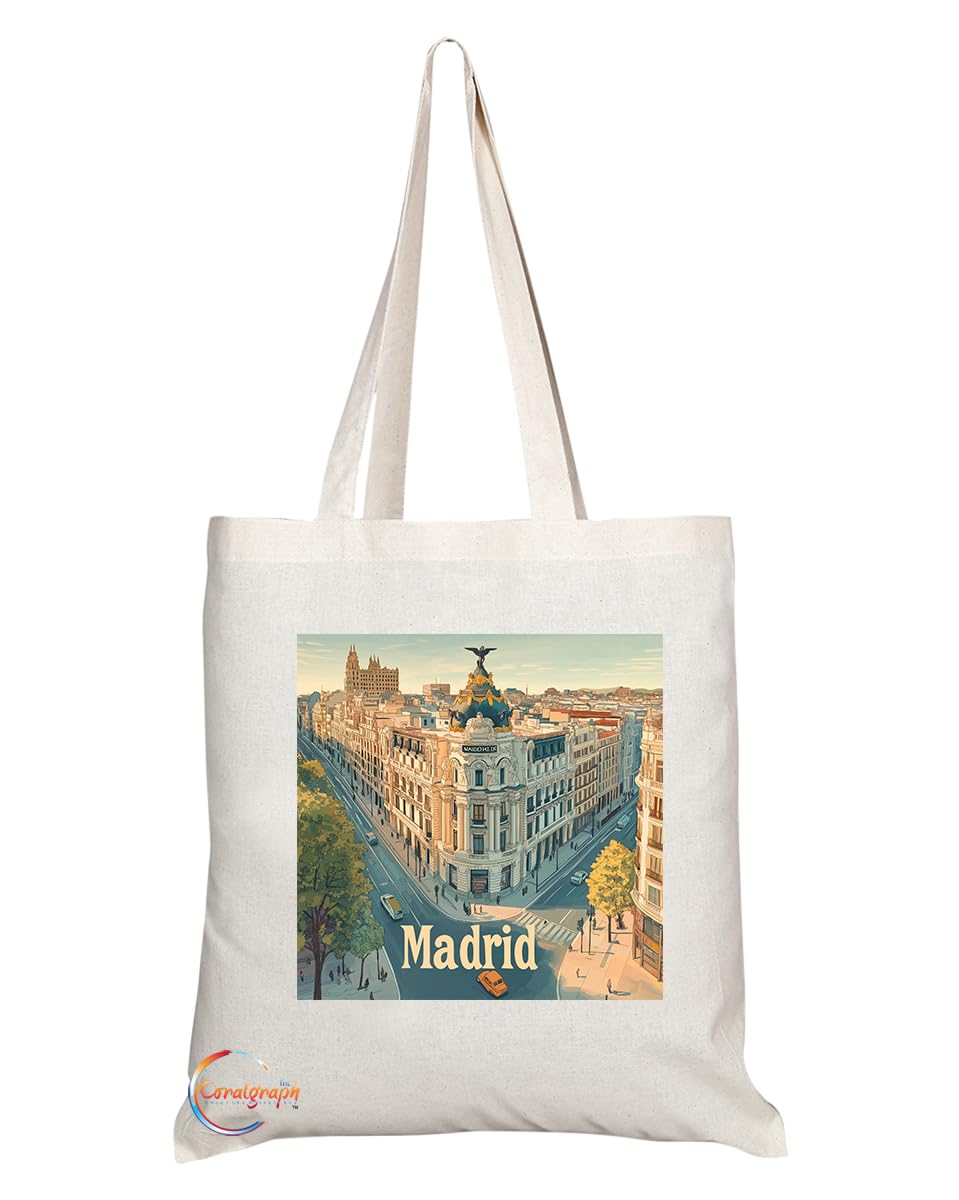 Natural Reusable Shopping Souvenir Tote Bag Featuring Popular Cities and Capitals from Europe and Around the World (Madrid)