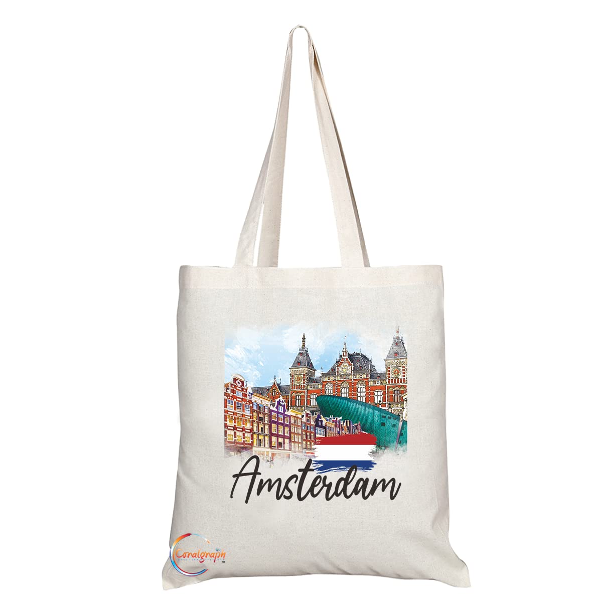 Natural Reusable Shopping Souvenir Tote Bag Featuring Popular Cities and Capitals from Europe and Around the World (Amsterdam TB1534)