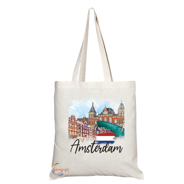 Natural Reusable Shopping Souvenir Tote Bag Featuring Popular Cities and Capitals from Europe and Around the World (Amsterdam TB1534)