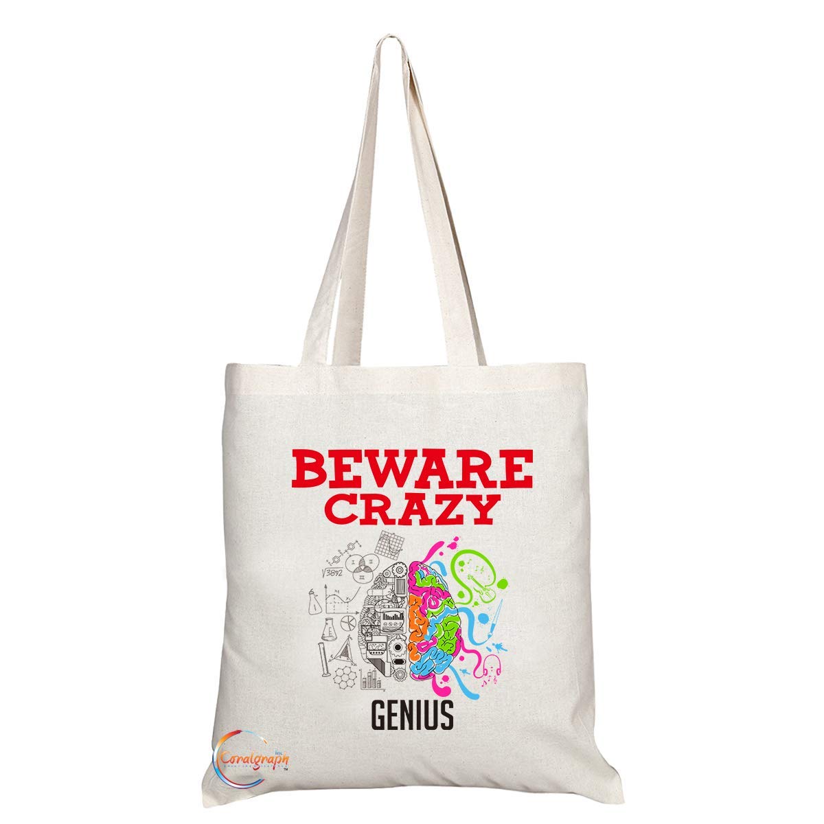 TB329 Beware Crazy Genius Novelty Present Gift Printed Eco-Friendly Stylish Long Handled Tote Shoulder Bag