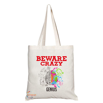 TB329 Beware Crazy Genius Novelty Present Gift Printed Eco-Friendly Stylish Long Handled Tote Shoulder Bag