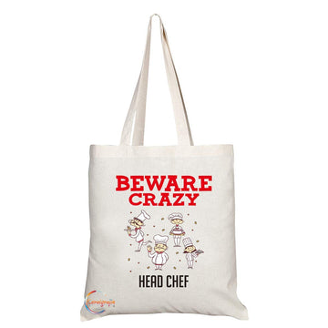 TB327 Beware Crazy Head Chef Novelty Present Gift Printed Eco-Friendly Stylish Long Handled Tote Shoulder Bag