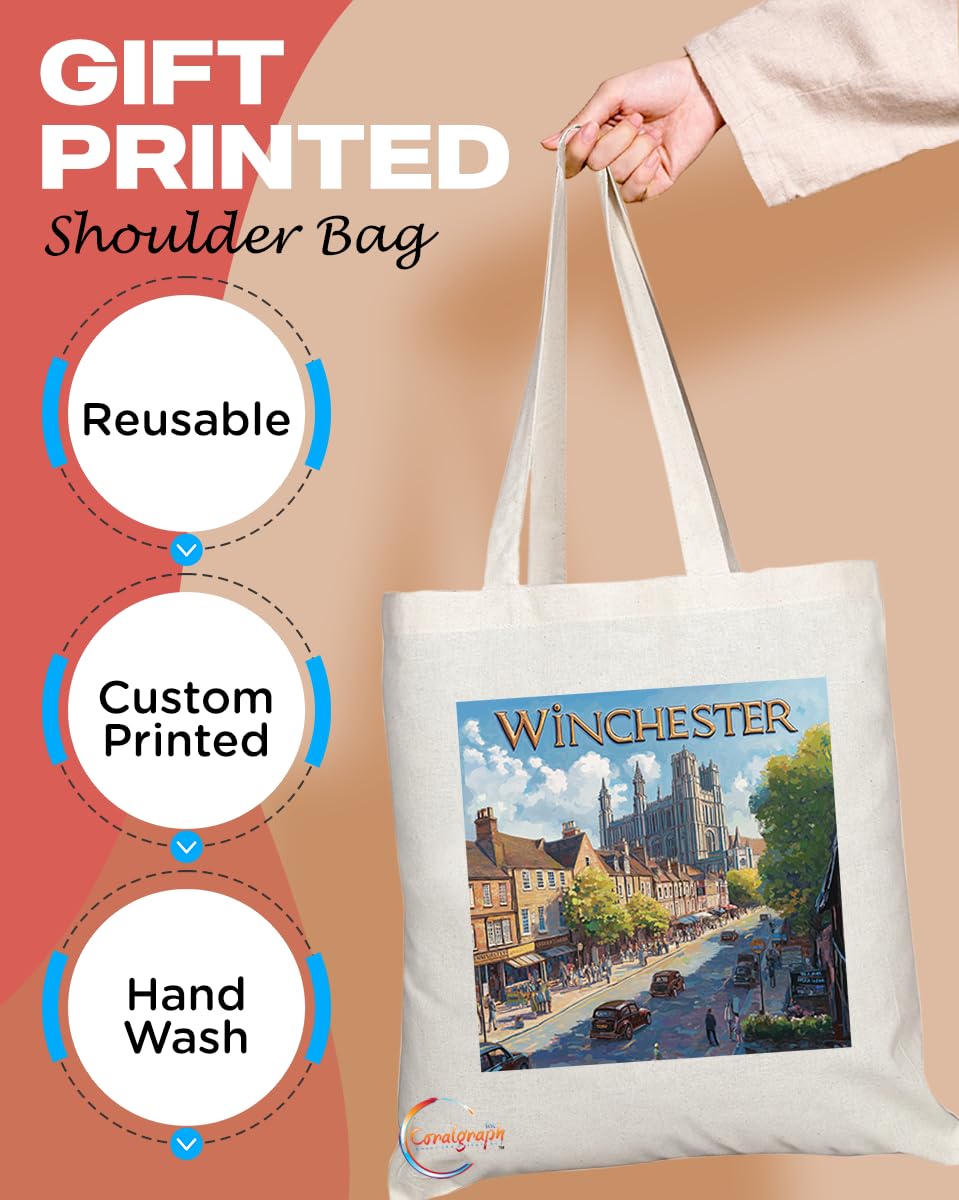 Natural Reusable Shopping Souvenir Tote Bag Featuring Cities and Landmarks in United Kingdom (Winchester)