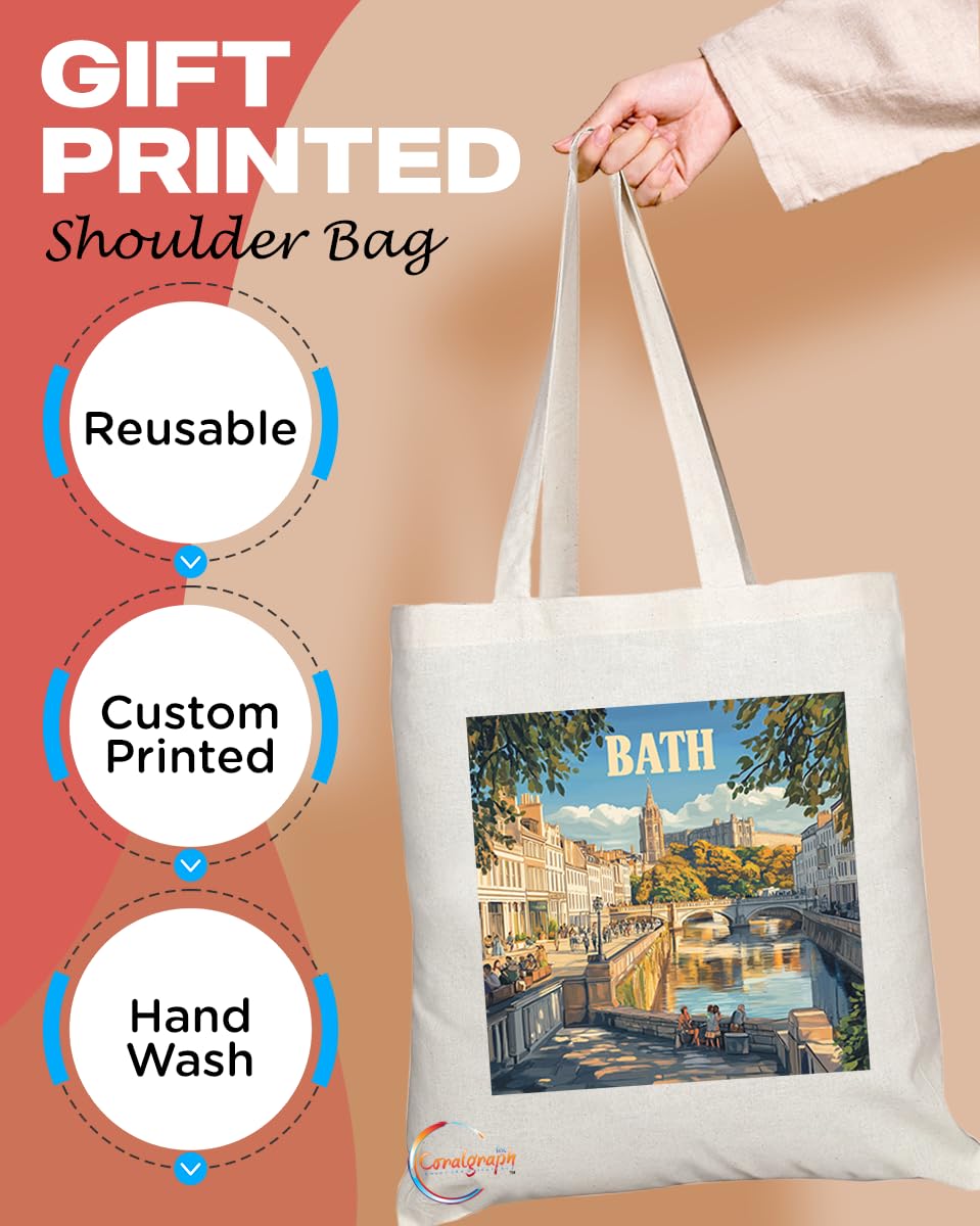 Natural Reusable Shopping Souvenir Tote Bag Featuring Cities and Landmarks in United Kingdom (Bath)