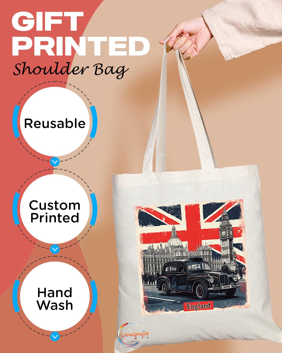 TB2032 - Natural Reusable Shopping Souvenir Tote Bag Featuring England - (Design 4)